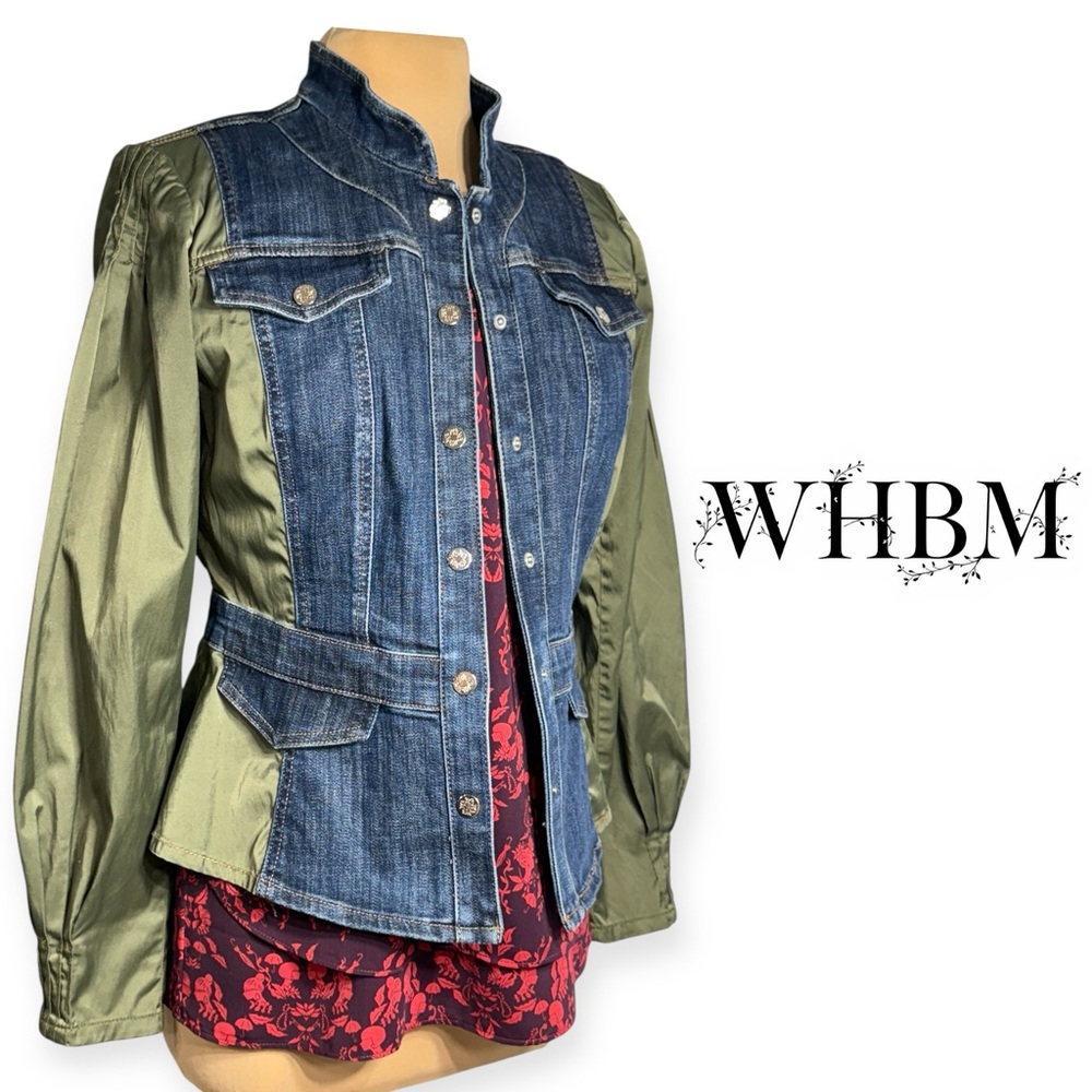 White House Black Market Blue Denim Jacket with olive green satin sleeves Size 8 - Picture 4 of 10